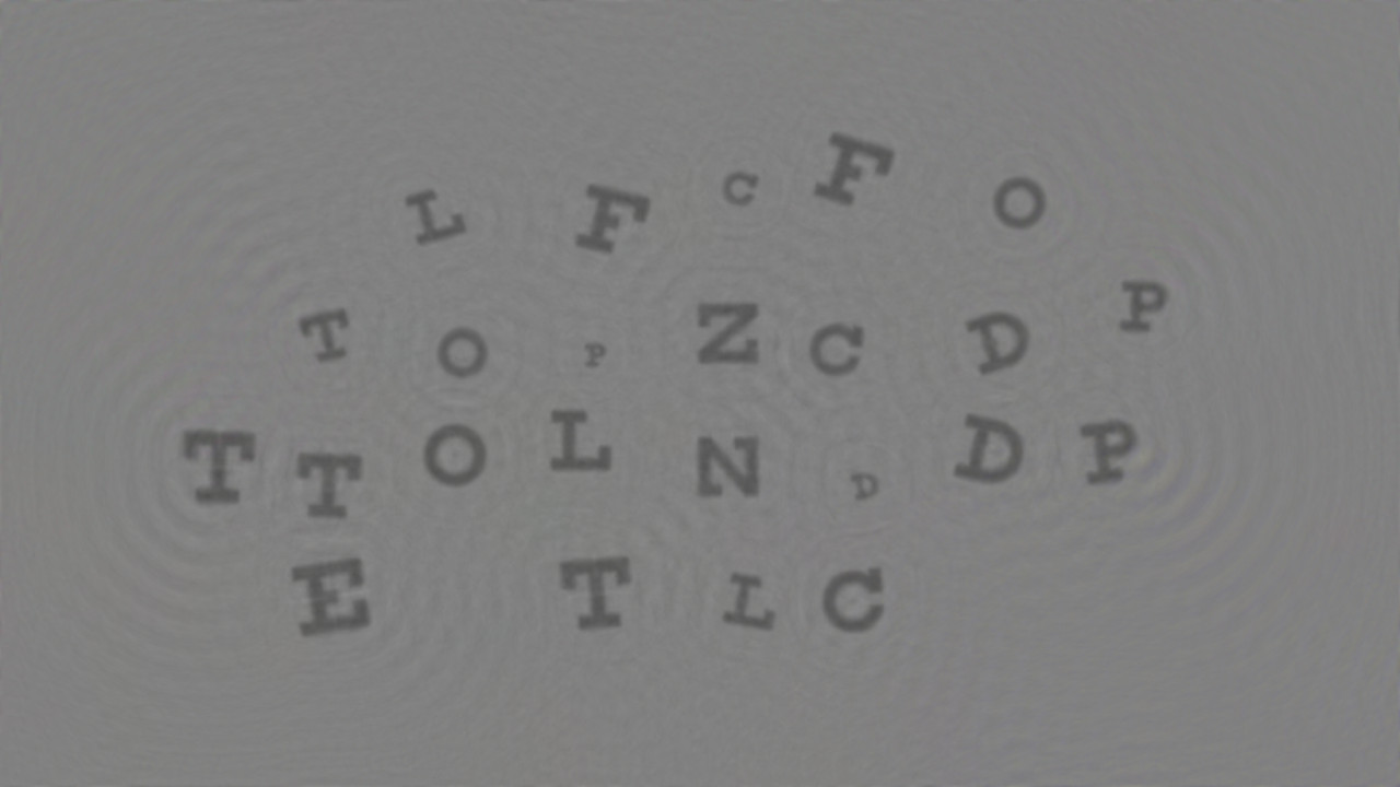 The same artwork seen out of focus, where scattered Snellen letters resolve out of the speckle.