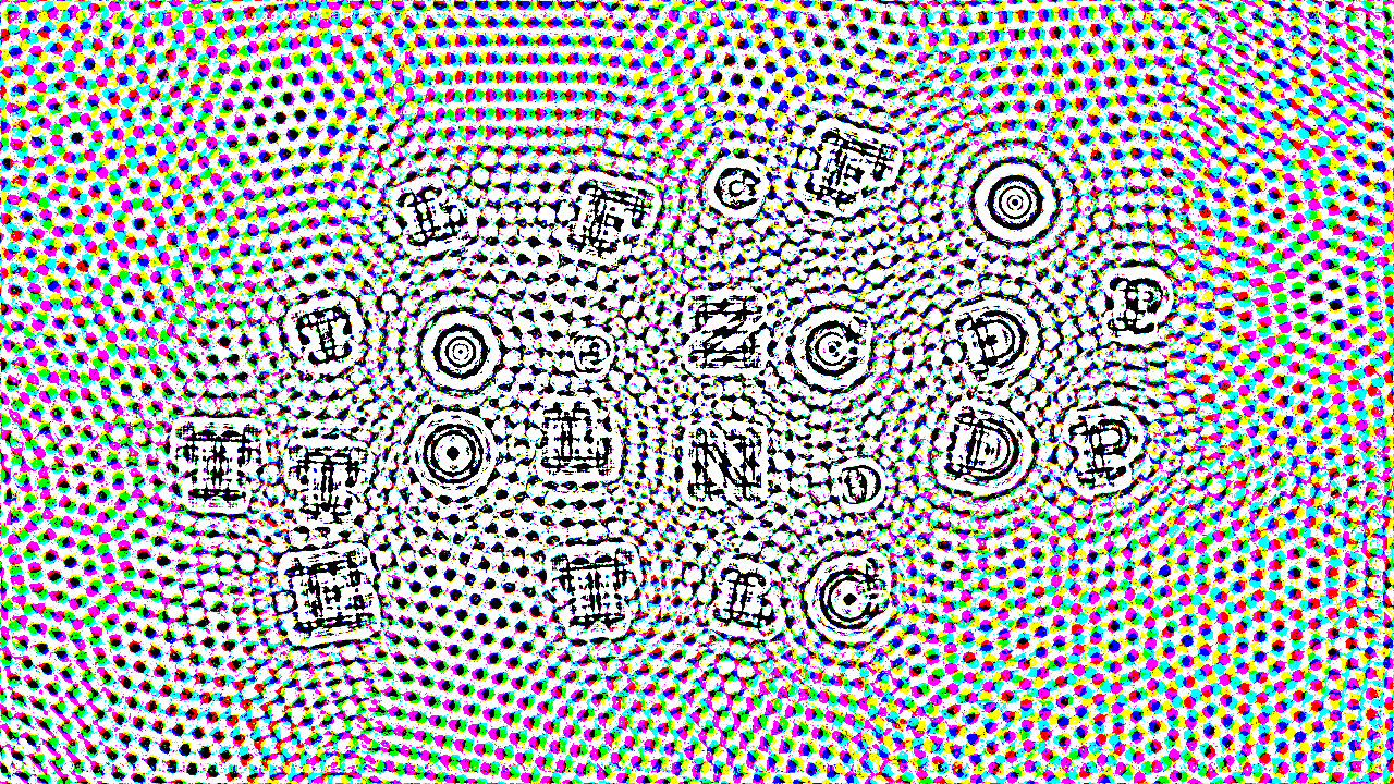 A dense field of coloured swirl speckle, pre-compensated so that a specific amount of defocus resolves it into eye-chart letters.