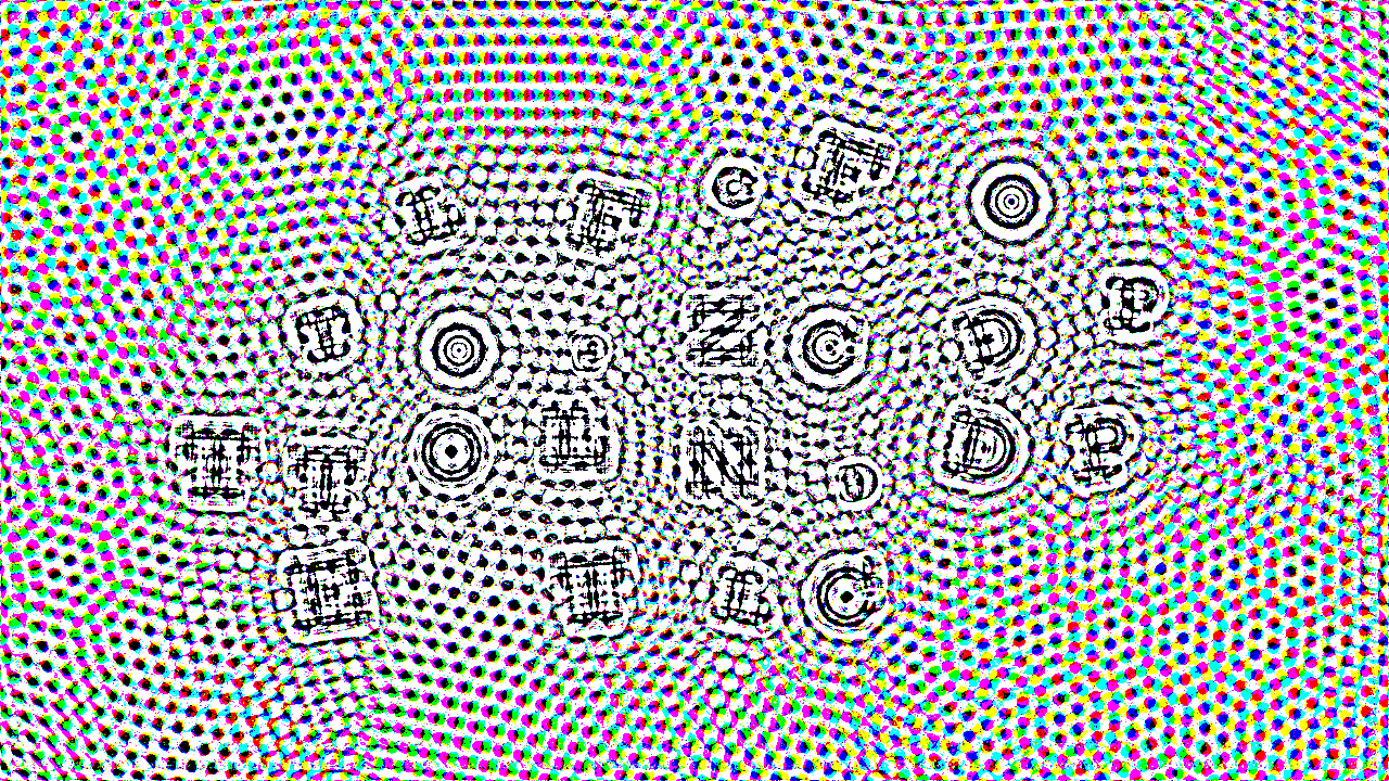 A dense field of coloured swirl speckle, pre-compensated so that a specific amount of defocus resolves it into eye-chart letters.