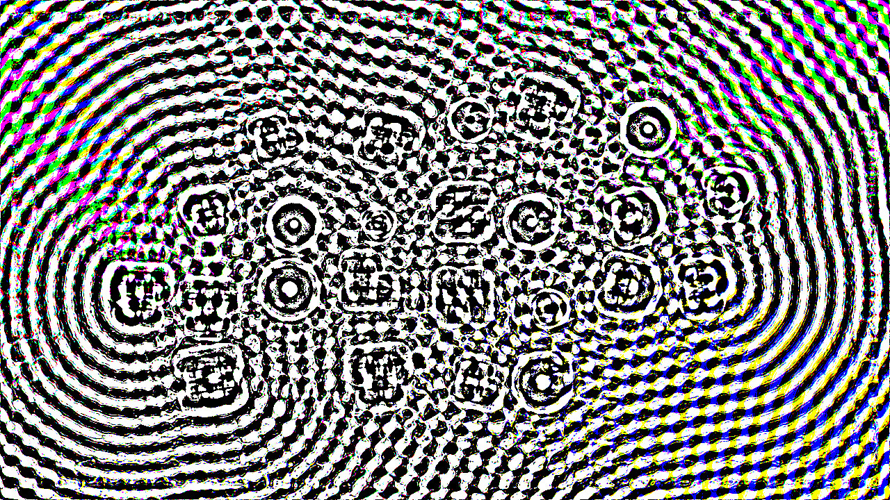 A dense field of coloured swirl speckle — the printed artwork, which carries no visible letters.